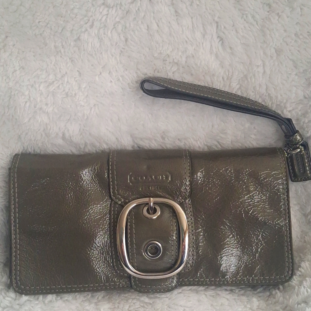 Coach Bleeker Olive Green Patent Leather Buckle Large Wallet / Clutch
